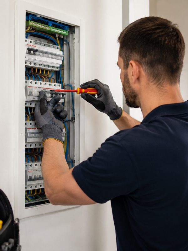 Électricien raccordant un tableau électrique, couvert par l'assurance décennale AAMI Assurances